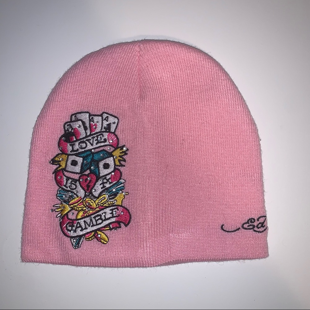 Ed Hardy Pink Bedazzled Knit Beanie “Love Is A Gamble” Embroidery